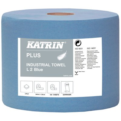 Бумага для протирания в рулонах Katrin Plus Industrial L2, голубой, 2 слоя, 344 м, 930 листов, 1 рулон 447226 фото